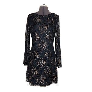 Altar'd State Cassandra Black Rose Gold Floral Lace Bell Sleeve Lined Dress M